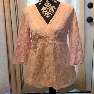 Motherhood Light Pink Striped Floral Embroidered Tie Waist Blouse, Medium